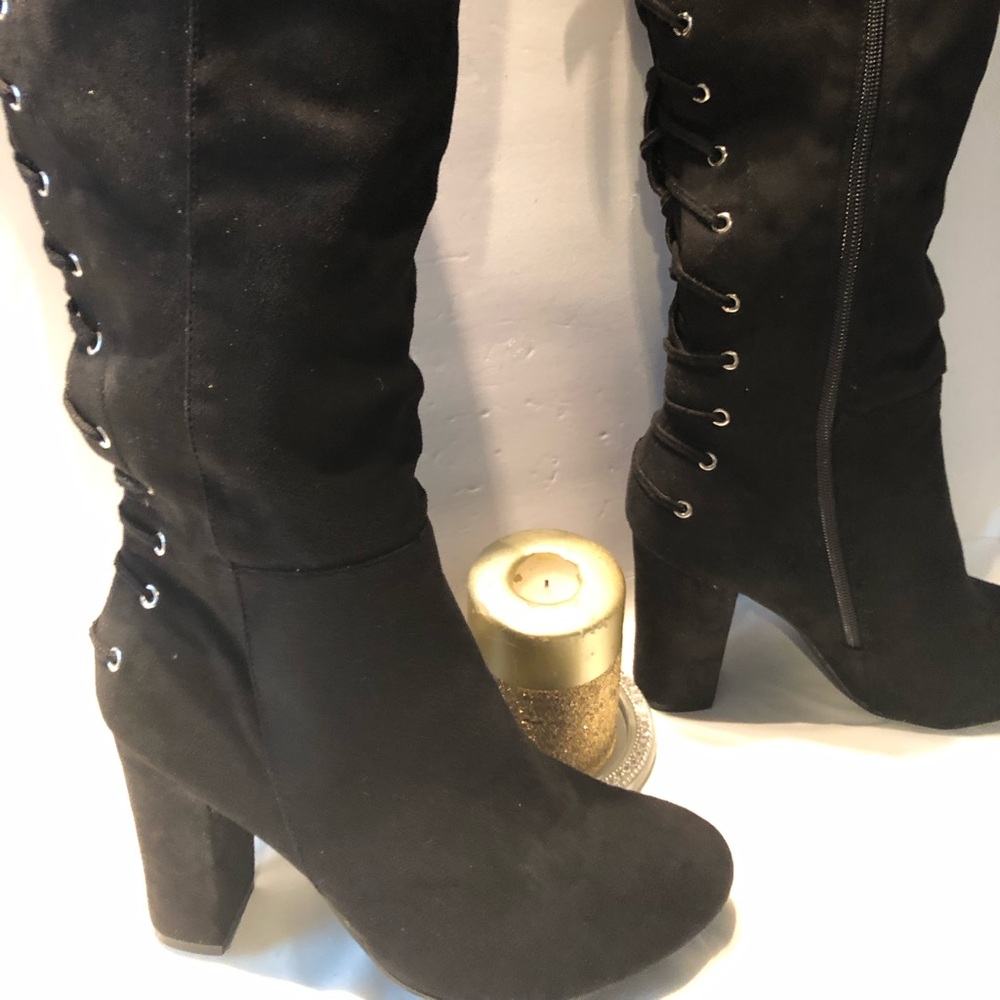 Black Lace-Up Knee-High Boots